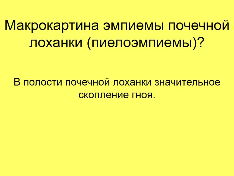 Макрокартина эмпиемы почечной лоханки (пиелоэмпиемы)? В полости почечной лоханки значительное скопление гноя. Макрокартина эмпиемы почечной лоханки (пиелоэмпиемы)? В полости почечной лоханки значительное скопление гноя.